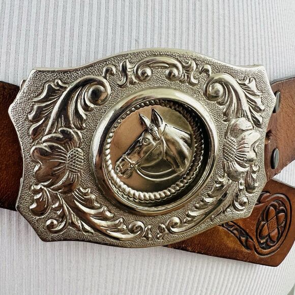 Collectible Chambers Belt Co. Brown Tooled Leather Silver Horse Head Buckle 42" - Picture 2 of 12